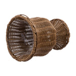 Brown woven goblet planter shown on its side revealing clear plastic inner liner and woven base