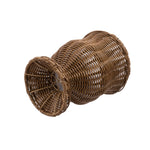 Angled view of brown woven urn-style planter lying on its side showing woven detailing and pedestal