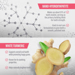 Informational panel showing a molecular graphic for nano-hydroxyapatite and a photo of sliced white turmeric with benefit bullet points.