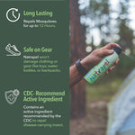 Informational panel showing a hand spraying a Natrapel can and text highlighting 'Long Lasting', 'Safe on Gear', and CDC-recommended ingredient.
