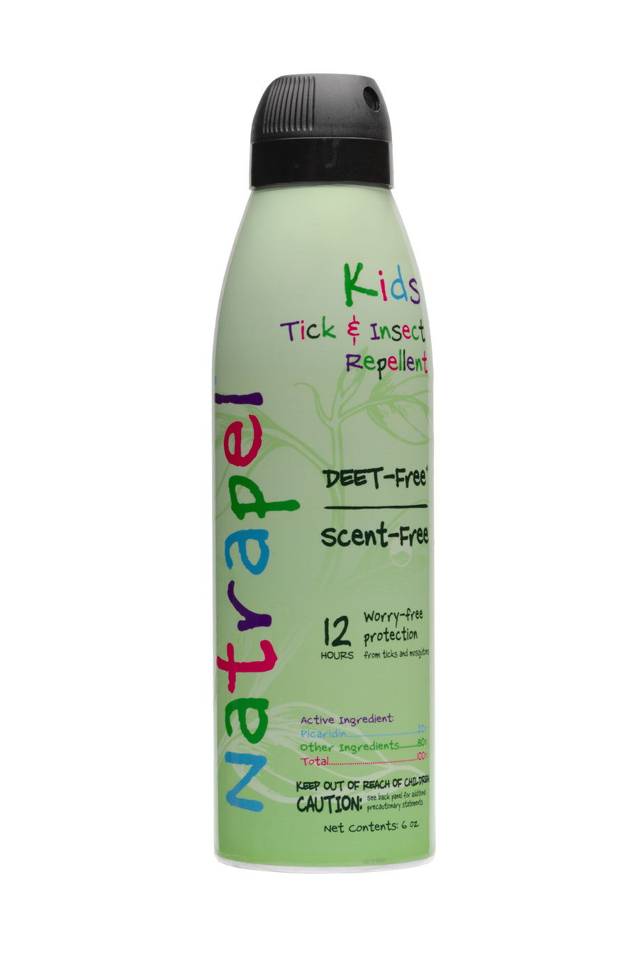 Natrapel Kids green aerosol repellent can with black cap photographed on a white background.