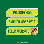 Green infographic panels stating 'Pesticide Free', 'Safe for Kids & Pets', and 'Pollinator Safe' with a bee image.