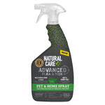 Front-facing Natural Care Advanced Flea & Tick pet and home spray bottle with black label and green accents