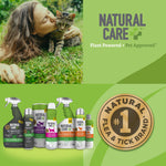 Natural Care brand graphic with woman kissing a cat, product line display and a gold #1 natural flea & tick brand seal