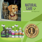 Promotional image featuring a cat and dog above a lineup of Natural Care products and brand logo