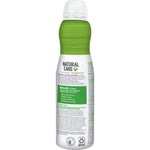Rear label view of Natural Care flea & tick cat mist aerosol bottle showing ingredient and usage text on a white background
