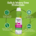 Natural Care Cat Mist bottle centered on green infographic highlighting safe, worry-free protection and natural ingredients