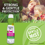 Natural Care flea & tick cat mist bottle with lifestyle photo of a woman and child holding a cat and a proven gentle mist badge