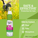 Natural Care flea & tick cat mist bottle shown with a cat in grass and text calling it safe and effective protection for cats