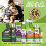 Promotional collage with Natural Care pet and home sprays in foreground and a person hugging a bulldog in the background.