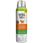 Tall Natural Care Flea & Tick Dog Mist aerosol can with green top and orange label showing dog silhouette.