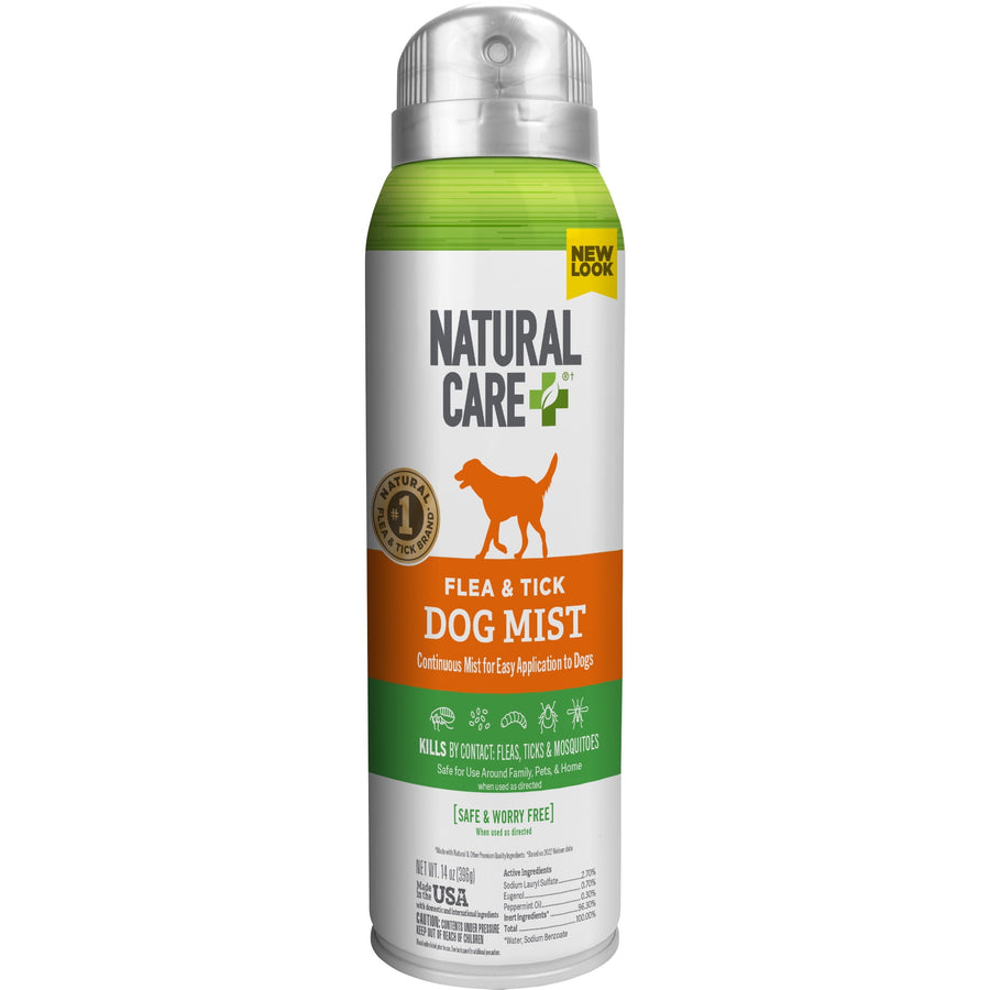 Tall Natural Care Flea & Tick Dog Mist aerosol can with green top and orange label showing dog silhouette.