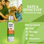 Split promotional image with smiling family and dog at top and a Natural Care dog mist can with 'Safe & Effective' text.