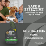 Lifestyle and product composite showing family with dog and Natural Care Advanced Flea & Tick spray with safety and efficacy text