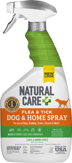 Front view of a Natural Care Flea & Tick Dog & Home Spray bottle with green grip and orange label