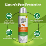 Green infographic showing a Natural Care flea & tick dog mist can and icons for uses like bedding and 360 spray.