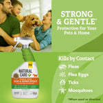 Lifestyle graphic with family and dog plus Natural Care Dog & Home Spray and text listing pests it kills