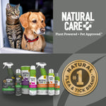 Product lineup and Natural Care branding with photo of a cat and dog and a gold “#1 Natural Flea & Tick Brand” seal