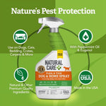 Green infographic showing a Natural Care spray bottle and icons stating use on pets, peppermint oil, and made in USA