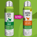 Side-by-side packaging comparison showing older and new Natural Care flea & tick spray cans with 'Packaging May Vary' arrow.