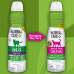 Two Natural Care packaging variations side by side with arrow text 'Packaging May Vary' showing old and new cat mist labels