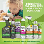 Promotional scene with a child and pet above multiple Natural Care flea and tick product bottles and cans