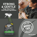 Composite image with Natural Care Advanced Flea & Tick spray and a person holding a relaxed cat, plus worry-free badge