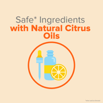 Graphic reading 'Safe Ingredients with Natural Citrus Oils' with an icon of a dropper bottle and a citrus slice