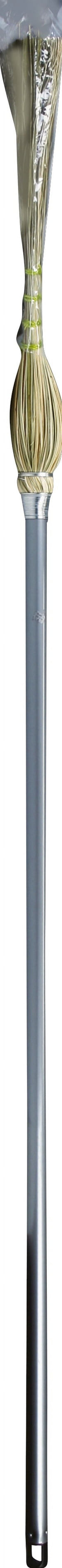 Tall view of a natural-fiber corn broom showing bound straw head and long metal handle with hanging hole at the end