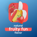 Illustration of banana, raspberry and strawberry above text reading natural fruity fun flavor on blue background