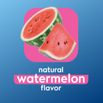 Icon of sliced watermelon above text announcing natural watermelon flavor on a blue-to-pink gradient background