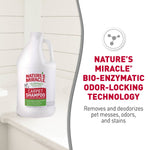 Nature’s Miracle carpet shampoo jug on a light shelf with bio-enzymatic odor-locking text panel
