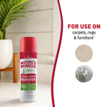 Nature's Miracle foam can on a floor scene with icons and text stating for use on carpets, rugs & furniture