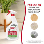 Nature's Miracle bottle pictured beside icons and text indicating use on carpets, hard floors, furniture and fabrics