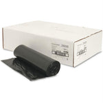 Rolled black trash liners shown next to a labeled white carton box on a white background.