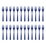 Twenty-four navy disposable plastic forks arranged in two neat rows against a white background
