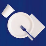 Top-down party place setting with a navy plastic fork on a white paper plate, paper cup and napkin on navy background