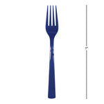 Navy disposable plastic fork shown next to a vertical measurement graphic indicating a 7-inch length
