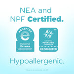 Certification panel showing National Eczema Association and National Psoriasis Foundation badges with ‘Hypoallergenic.’