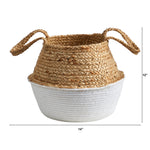 Front view of two-tone woven jute top and white cotton base basket with measurement guides