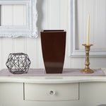 Nearly Natural bronze tapered square metal planter styled on a console table between decorative frame and candle holder