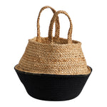 Nearly Natural woven jute basket shown upright with two tall loop handles and contrasting black woven bottom