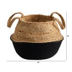 Nearly Natural natural jute basket with black woven base showing 14" width and 12" height dimensions