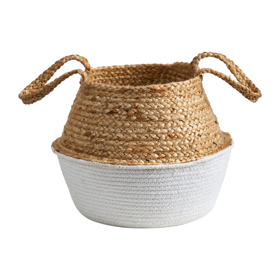 Two-tone woven jute and white cotton rope basket with looped side handles on white