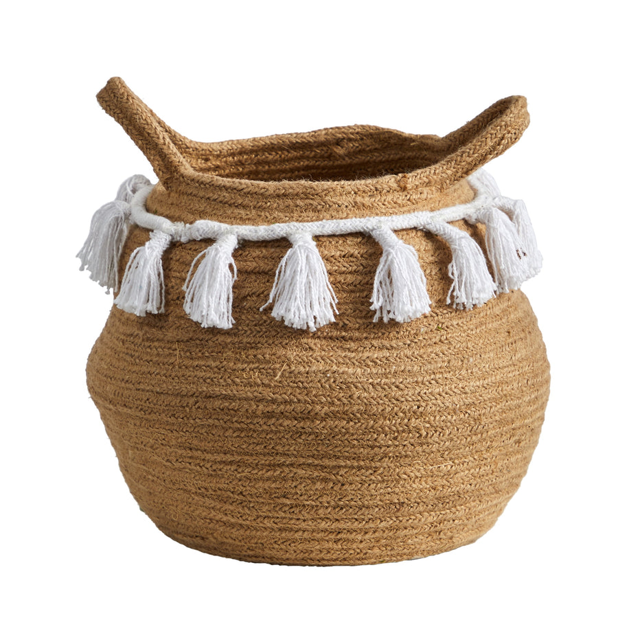 Nearly Natural woven jute basket planter with white cotton tassel trim and rolled rim handles on white background