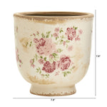 Nearly Natural round Tuscan ceramic planter shown with measurement guides on cream finish and rose motif