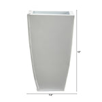White tapered square metal planter shown front-on with measurement overlays indicating 13" height and 7.5" width.