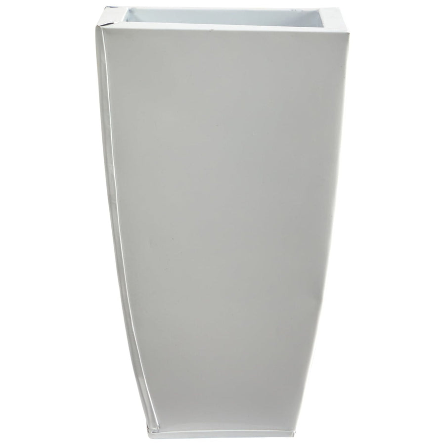 Tall white tapered square metal planter photographed against a plain white background.