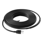 Neatly coiled black electric heating cable with grounded plug on white background, waterproof endcap visible