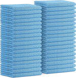 Pair of neatly folded stacks of light blue microfiber cleaning cloths shown on white background.